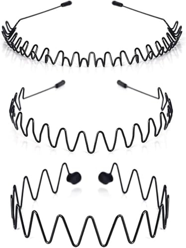 KELUBATU 3er Pack Metall-Haarband Männer Frauen Schwarz Welle rutschfest | Rutschfestes elastisches Stirnband für Outdoor-Sport, tägliches Make-up, Yoga und Schönheitspflege