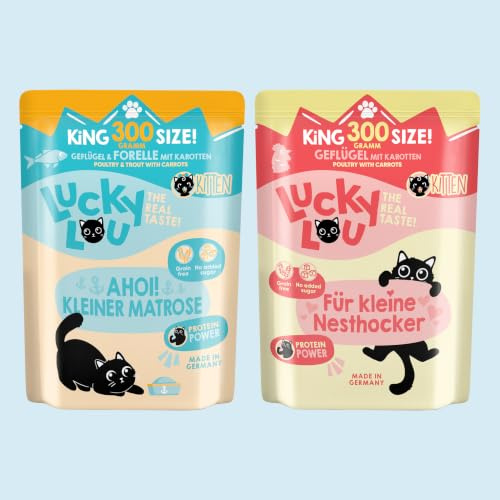 Lucky Lou Lifestage Kitten Nassfutter Mix im Beutel – 24 x 300g – Geflügel & Geflügel mit Forelle – Premium Katzenfutter ohne Getreide, Zucker & Konservierungsstoffe