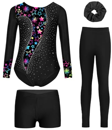 Yruioon 4tlg.Mädchen Turnanzug Glitzer Gymnastikanzug Langarm Eiskunstlauf Body Overall Turntrikot Leotard Wettbewerb Tanzkostüm