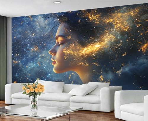 GIVLWF Wallpaper, Girl Mural & Wall Decor, Fantasy Girls Bedroom Wallpaper, Blue and Gold Wall Paper for Living Room, Non-Self-Adhesive, Murals for Walls