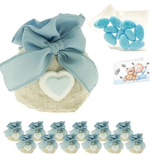 Doni Bomboniere Set Battesimo Bimbo 12 Sacchettini Portaconfetti Celeste in Juta Fiocco e Cuore Bustine Confetti Bigliettini Personalizzabili Kit Fai da Te Primo Compleanno Battesimo Gadget