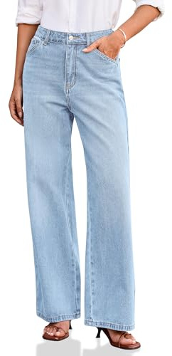 Cicy Bell Damen Jeans Baggy Weitem Bein Jeanshosen Mittlere Taille Denim Boyfriend Hosen mit Taschen Blassblau 38
