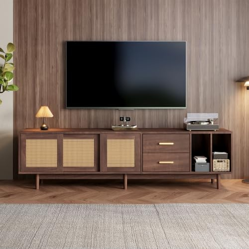 Merax TV Schrank Lowboard mit Rattan-Türen, 190 x 40 x 52 cm, Multifunktionaler Wohnzimmer Lagerschrank für 75-Zoll-Fernseher, Braunes MDF, 6 Stützbeine, Modernes TV Board für Wohnzimmer
