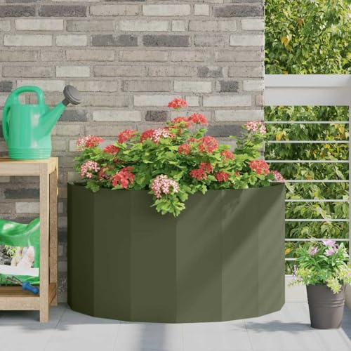 FWIKDUN Pot de fleurs moderne semi-circulaire en acier vert olive 90 x 45 x 50 cm pour jardin, terrasse, balcon, construction en métal de qualité supérieure avec une longue durée de vie, montage