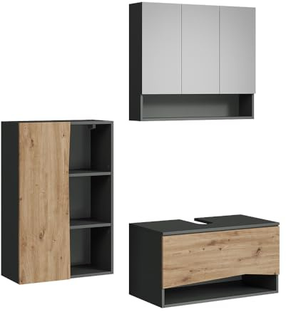 Vicco Badmöbel-Set Willow, Artisan, 80 cm, besteht aus Waschbeckenunterschrank, Spiegelschrank und Midischrank