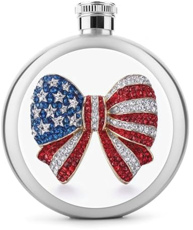 Luxurious Red White Blue American Flag Bow Stainless Steel Hip Flask for Liquor, Round Pocket Portable Wine Flask for Drink 5 Oz