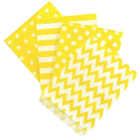 Frau WunderVoll® 100 PAPIERTÜTEN GELB, Sterne, Streifen, Punkte, Zacken 13 x 16,5 cm, 45 Gramm Papier, flach/Candy Bar, Hochzeit, Kindergeburtstag, Papiertütchen, Candybag, Tüten, Mitgebseltüten