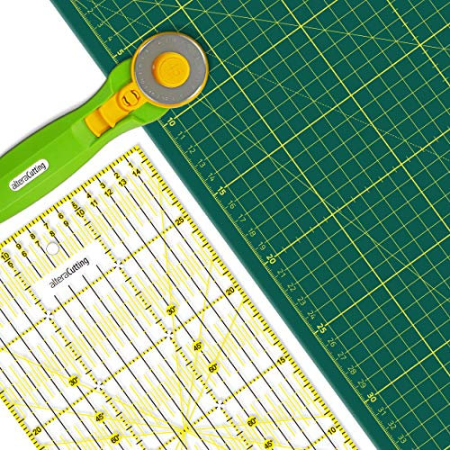 Schneidematte Set, schneidunterlage A1 (60x90cm), selbstheilend, mit Altera Rollschneider inklusiv 1 Messer und Altera Universal-Lineal 60x15cm Gelb/transparent.
