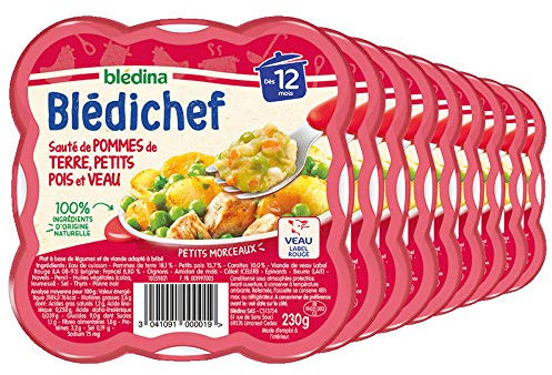 Blédina - Blédichef - Repas Bébé 12 Mois - Pommes de Terre Petits Pois Veau - Petits Morceaux - 100% Ingrédients d'Origine Naturelle - Dès 12 Mois - 8 Assiettes de 230g