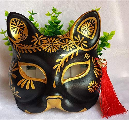 Halloween Masks Adults Hand-Painted Japanese Kimono Black cat Fox mask Luxury Flower Moon Night Hand-Painted and Wind Antique Cosplay Sakura @Plastic Version Black Fox 56