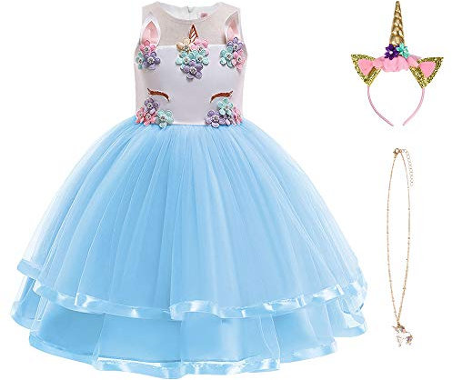 URAQT Mädchen Prinzessin Kleid, Mädchen Einhorn Cosplay Karneval Verkleidung Party Hochzeit Prinzessin Kleid mit Halskette und Stirnband, 150CM, Blau