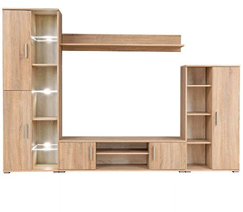 Tidyard Wohnwand Anbauwand Tv Schrank Vitrine mit LED Beleuchtung Hängeregal Kommode, Sonoma-Eiche