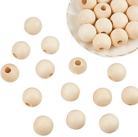 PandaHall 30 Pcs 30mm Natürliche Unvollendete Holzabstandsperlen Großes Loch Runde Kugel Holz Lose Perlen Für Handwerk DIY Schmuck Armband Herstellung Weihnachtsdekoration