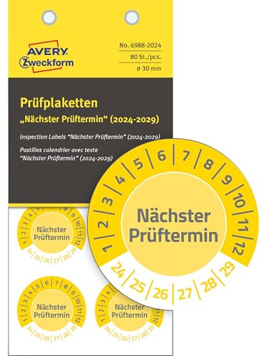AVERY Zweckform 80 Prüfplaketten Nächster Prüftermin 2024-2029 (widerstandsfähig, selbstklebend, Ø 30 mm, Prüfaufkleber, beschriftbare Prüfsiegel aus Vinyl-Klebefolie) Art. 6988-2024, gelb