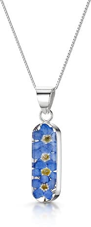 Shrieking Violet 925 Sterling Silver Narrow Oval Real Flower Pendant Necklace - Forget-Me-Not (Blue)
