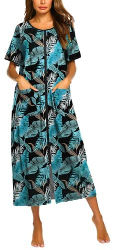 Ekouaer Damen-Bademantel mit Reißverschluss vorne, kurze Ärmel, volle Länge, Hausmantel mit Taschen, Loungewear, Größe S-4XL, Schwarzes Blatt, 4X-Large