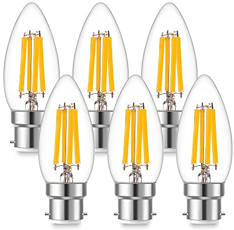 Genixgreen B22 Bayonet Cap Candle Bulbs,6.5W C35 B22 Dimmable LED Filament Candle Light Bulbs, 60-80W Equivalent Warm White 2700K, 806LM,Decorative Light Bulbs Retro Clear Glass-6 Pack