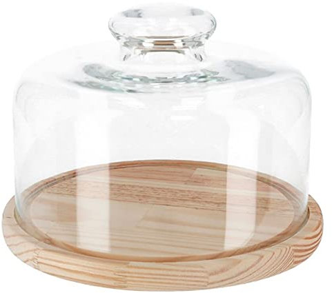 Tradineur - Quesera redonda con tapa de cristal y base de madera, recipiente para guardar quesos o embutidos, presentación de alimentos, 24 x 12 cm