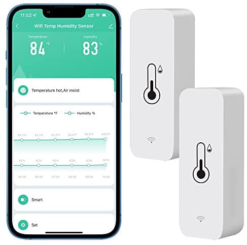 Comboss WiFi-Hygrometer Thermometer-Sensor, kabelloser Temperatur- und Feuchtigkeitssensor für den Innen- und Außenbereich mit Remote-App-Benachrichtigungsalarm, Arbeit mit der Tuya-App (2-Pack)