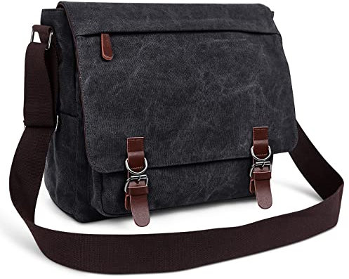 DORRISO Moda Bolso de Bandolera Hombres Bolsa de Hombro Lona para Viaje Escolares Trabajo Bolsos 13.3 Pulgadas Portátil Cruzados Bolsa de Ordenador Hombres Lona Messenger Bag Negro