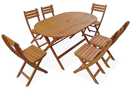 Alice's Garden - Zusammenklappbarer Gartentisch aus Akazienholz, ovale Form mit 6 Stühlen - Macapa