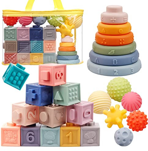 Montessori Sensorik Spielzeug, 24 Stück Weich Baby Bausteine, Bälle und Ringen Babyspielzeug Stapelspiel Set, Motorikspielzeug Stapelwürfel Bauklötze, Beißring Badespielzeug ab 6 9 12 Monate 1 Jahre