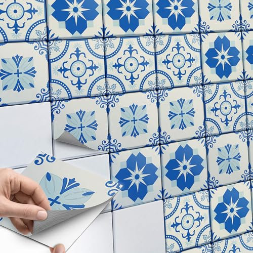 60 Stück Fliesenaufkleber 10x10 cm für Bad und Küche - Fliesenfolie, Klebefliesen - selbstklebende Fliesen SET // Design: Barcelona Bordüre
