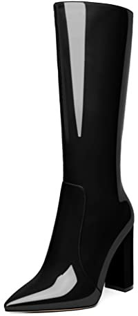 Mettesally Stivali alti al ginocchio da donna Stivali con tacco a blocco Tacco grosso a punta Tacco alto Tirare sulle linguette Stivali con cerniera Scarpe da ufficio Nero EU36