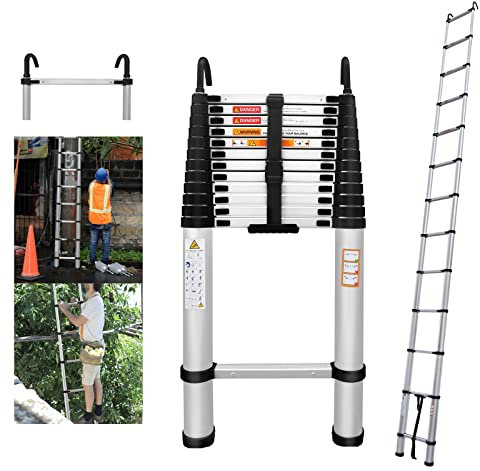 Jupitor Aluminium Telescopic Ladder 5M/16FT, Extension Ladder with 2 Detachable Hooks, Max Load 150kg, EN131, Silver