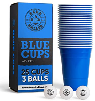 Blue Cups - 25 blaue Party Becher & 3 Bälle | spülmaschinenfest & wiederverwendbar | 473ml - 16oz Partybecher | blaue Party Cups | Original American Red Cups
