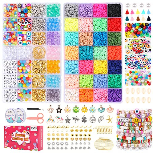 7800+Stück Perlen Für Armbänder,28 Farben Clay Perlen Zum Auffädeln Bastelset Kinder ab 6 Jahre,Schmuckherstellung Kit für Ringen Halsketten Geschenk, Geschenk Mädchen 5 6 7 8 9 10 Jahre,Erwachsener