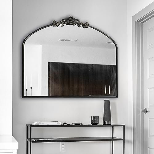 OUSHUAI Schwarzer gewölbter Spiegel für Wand, Barock-Kaminspiegel, Dekor, Messing-Wandspiegel, kunstvoller Spiegel für Eingang/Badezimmer/Wohnzimmer/Flur, 91,4 x 76,2 cm