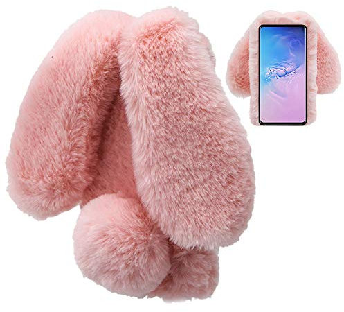LCHDA Plüsch Hülle verträglich mit iPhone 15 6.1 Flauschige Hasen Fell Kaninchen Pelz Niedlich Hasenohren Mädchen Süße Handytasche Stoßfest Schützend TPU Silikonhülle - Rosa