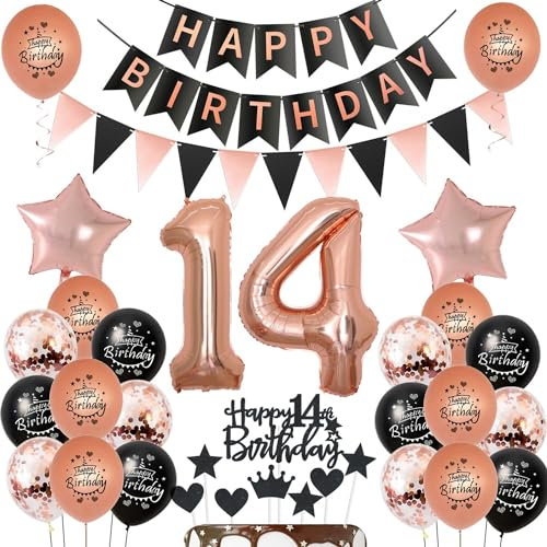 Palloncini decorazione 14 anni compleanno ragazza Nero Oro Rosa, palloncini 14 anni compleanno ragazza decorazione compleanno 14 anni ragazza decorazione torta 14 anni compleanno ragazza Oro Rosa