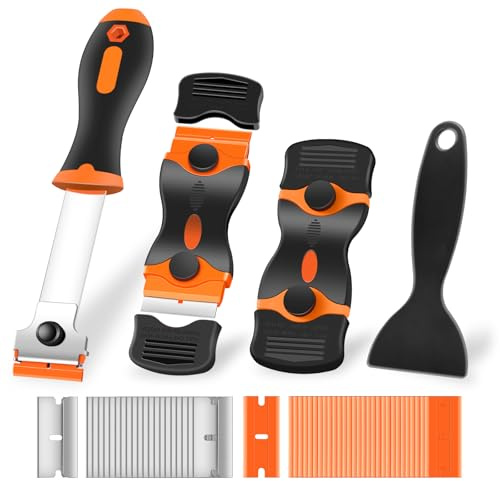 NECAMOCU 4 Pack Razor Blade Scraper, Includes 50 PCS Metal & Plastic Blades