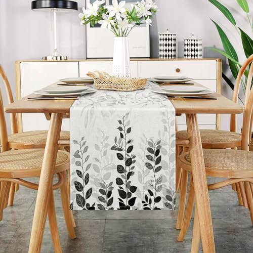 DecorMommt Frühling Tischläufer Modern Wohnzimmer Schwarz Tischläufer40 x 140 cm Tischläufer Floral Blatt Muster Leinen Abstrakt Faltenfrei rutschfest Tischband Deko Tischwäsche Esstisch Hochzeit
