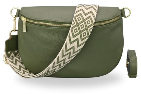 BRISE Bauchtasche Damen Echtleder AFIA Gold Handgemachte Umhängetasche Crossbody Bag mit Ledergurt + Optionalen Breiten Gemusterten Riemen 3 Fächer Hüfttasche Made in Italy (Khaki-Gold 2)