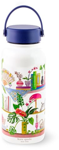 Kate Spade New York Große isolierte Edelstahl-Wasserflasche, 940 ml, doppelwandiger Reisebecher mit Deckel, Bücherregal