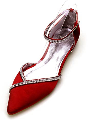 Flat Bride Wedding Shoes for Women Pointed Toe Ballet Pumps Satin Rhinestones Ankle Strap Party Prom Evening Dress Shoes,Dark Red,6 UK