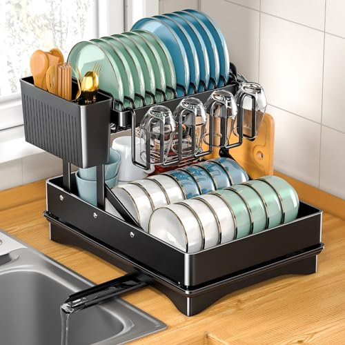 MOYKSRR Escurreplatos de 2 Niveles, Escurreplatos Acero Inoxidable Cocina, Escurreplatos Negro, Escurreplatos Plegable con Soporte para Cubiertos Extraible y Caño de Drenaje Giratorio