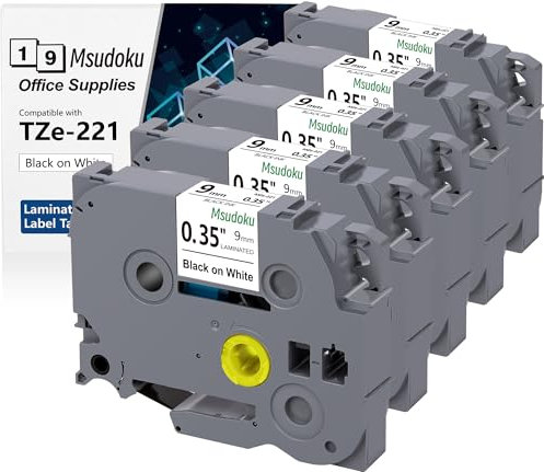 5x Msudoku TZe221 Schriftband Kompatibel für Brother TZe TZ Bänder 9mm 0.35 Laminiert Weiß Band P touch Bänder 9mm TZe-221 Tz221 für P Touch PTH100LB PTH105 PTD210 PTD200 PTH220 PTD400, 9mm x 8m