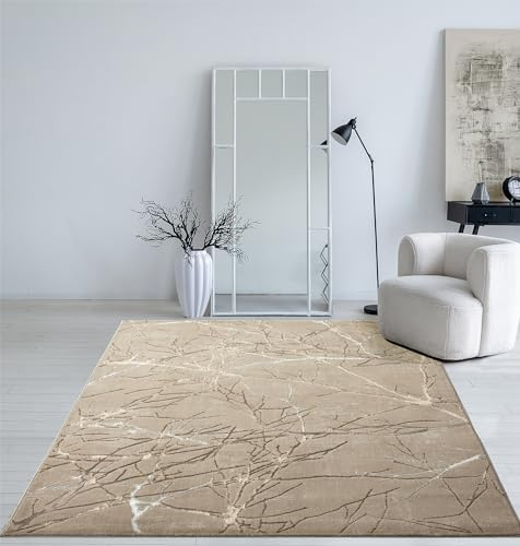 Mia's Teppiche Cielo Moderner Dichter Kurzflor Teppich, Wohnzimmer, Schlafzimmer, Eleganter Glanz, Glanzfaser, Hoch-Tief Effekt, Feder, Beige, 140 x 200 cm