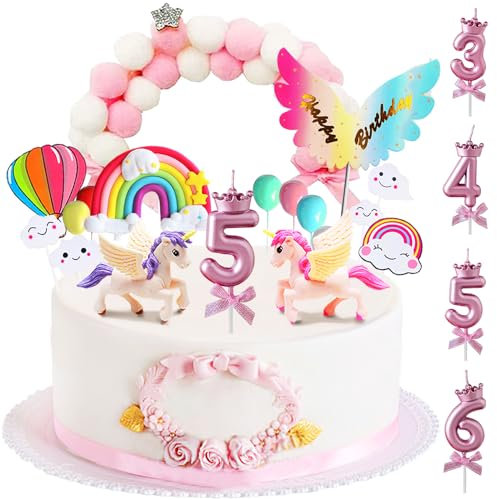 YOUYIKE Einhorn Tortendeko, Kuchen Topper Mädchen Inklusive Geburtstagskerzen 3/4/5/6 Jahr, Einhorn Deko Kindergeburtstag, Regenbogen Deko Torte, Einhorn Figuren Cake Topper