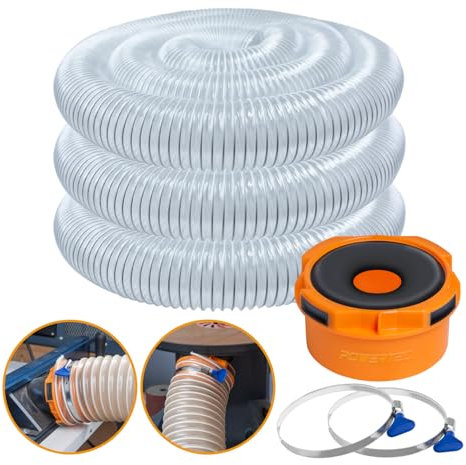 PowerTec 70434 4 x 20' PVC Collection 2 Key Clamps and Dust Adapter for 1-3/4 ~ 2-1/2 Port to 4, Hose Reducer Fittings for Table Saw, Planer & Jointer, Clear