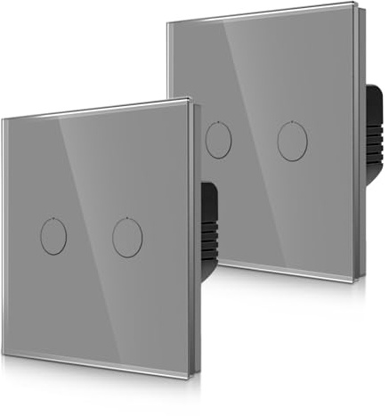 CNBINGO 2-Way Touch Light Switch - Grey Wall Switch with Glass Panel and Status LED Backlight - No Neutral Wire Required - Only Pair with this 2-Way Switch Series - 2 Gang - 2 Pack