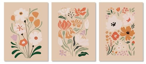 NymphFable Abstrakte Blume Wanddekoration Poster Vintage Botanical Prints, Boho Floral Wand Poster für Schlafzimmer Wohnzimmer Dekor 12x16 im Set von 3 ungerahmt