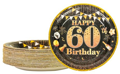 AHPYEUHK Birthday Paper Plates 7 Party Cake Dessert Plates Decorations Disposable Tableware Party Supplies (60th Black)