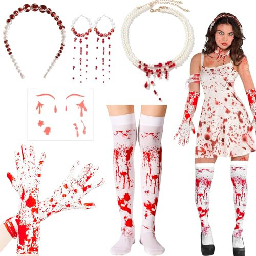 Halloween Accessoires Damen, 6 Stück Bloody Gothic Accessoires, Halloween Halskette mit Ohrringe, Blut Handschuhe, Halloween Haarreif Vampir Accessoires für Damen Karneval Kostüm Party Cosplay