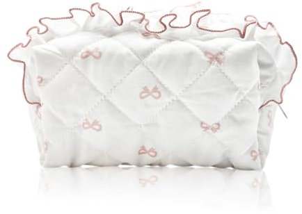 SJUIEO Trousse de maquillage en coton matelassé avec doublure à carreaux et fermeture éclair pour femme et fille - Trousse de maquillage de voyage kawaii (rose), Rose, Nœud en dentelle