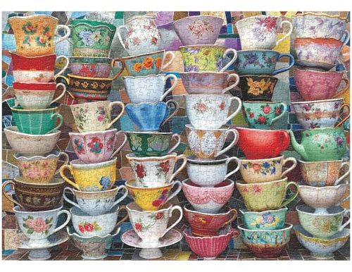 Teacups Puzzles for Adults 1000 Pieces - Colorful Tea Time Jigsaw Featuring Classical Coffee Cups, Challenging Retro Art Puzzle as Decor